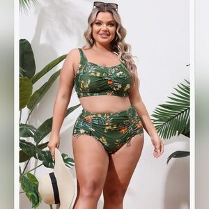 Hanna Nikole Floral Green Bikini Set Tummy Control High Waisted NWT